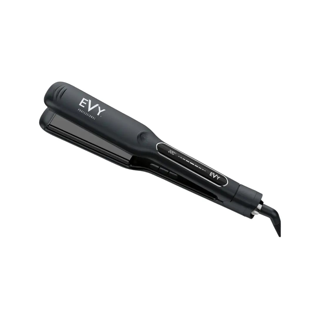 Evy IQ OneGlide Pro hair straightener with extra-long ceramic plates and a temperature display